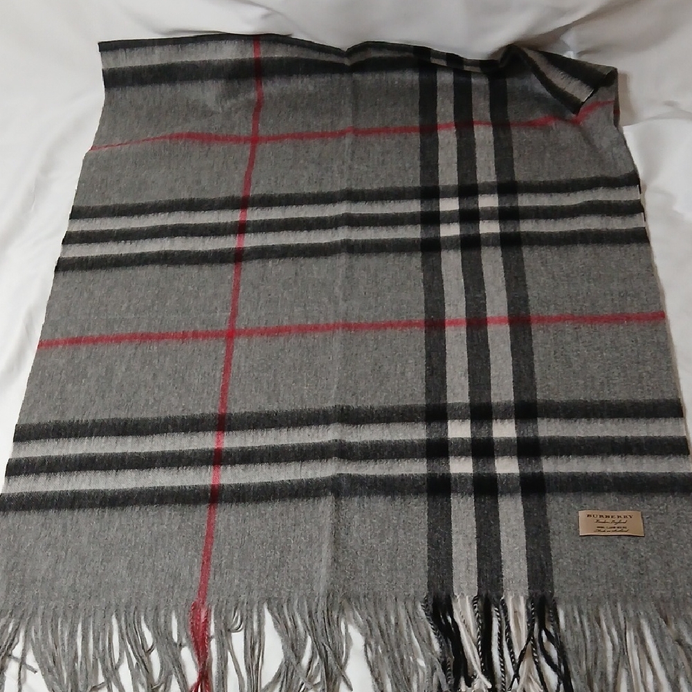 Burberry Gray and Red Checkered Scarf